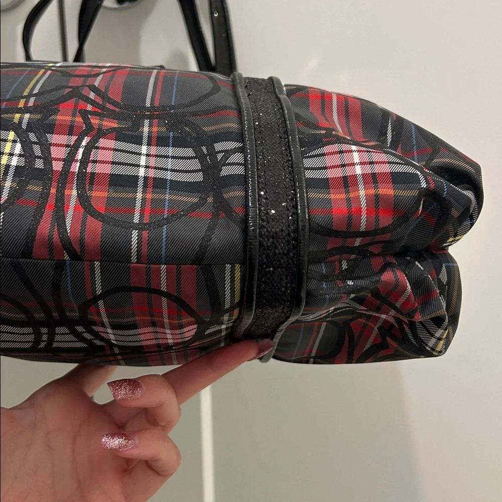 Coach (EUC) Poppy Black and Red Plaid Tote with Black Sequin Trimming & Handles - Picture 8 of 15
